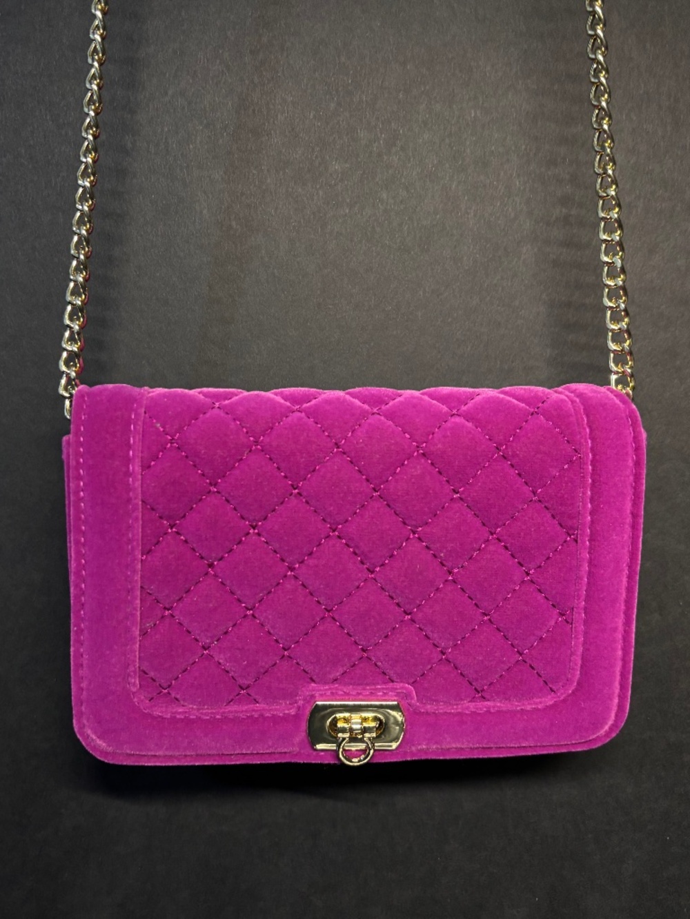 Purple Quilted Velvet Crossbody Bag Gold Chain Strap